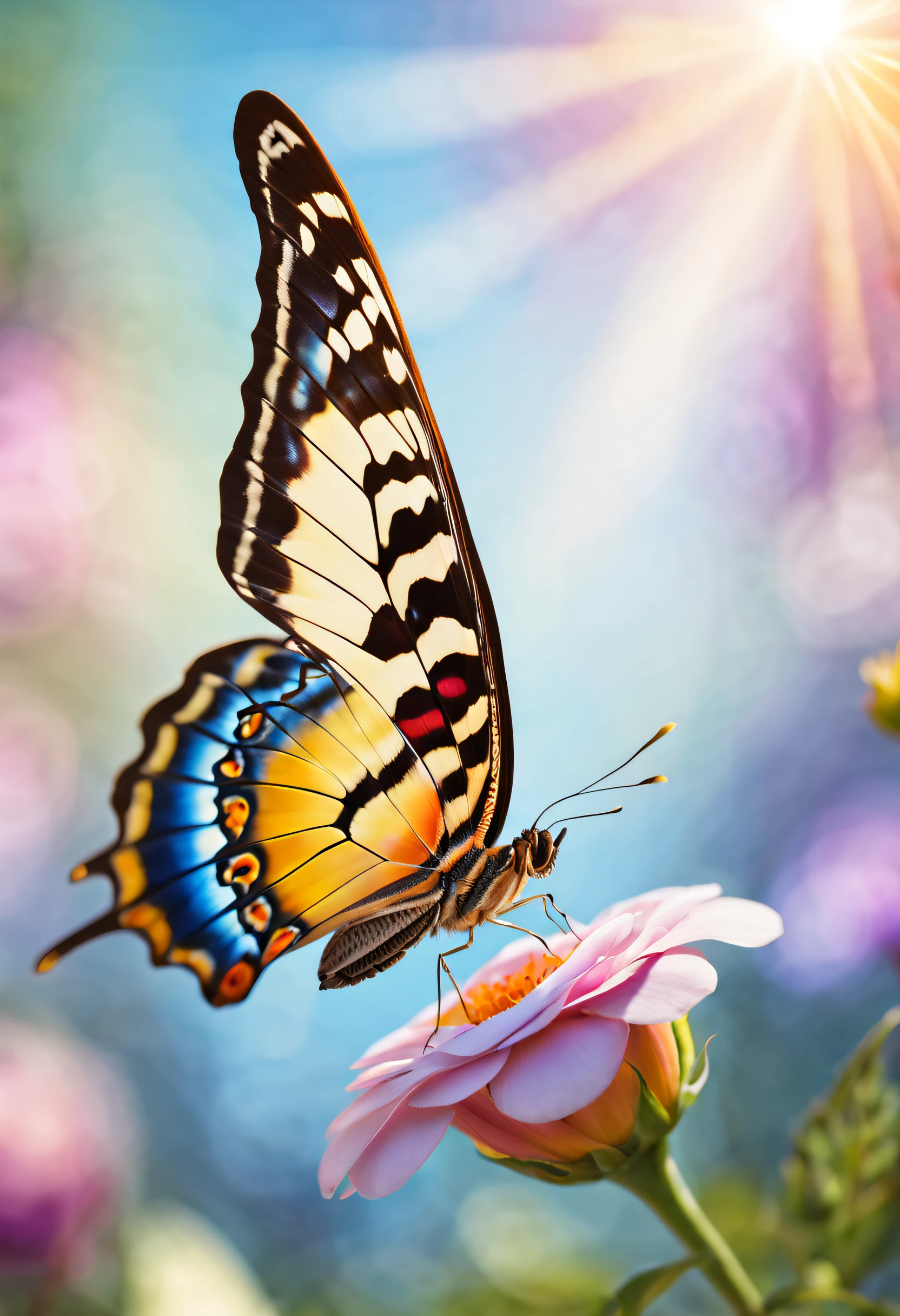 A beautiful, colorful butterfly with intricate patterns on its wings, fluttering gracefully in a blooming flower garden. The wings of the butterfly are vibrant and vibrant, with shades of blue, yellow, and purple. The garden is full of various flowers, such as roses, lilies, and daisies, creating a picturesque and enchanting scene. The butterfly is delicately perched on a delicate flower petal, with the sunlight illuminating its wings, casting intricate shadows on the petals below. The soft breeze gently sways the flowers and the butterfly, creating a sense of tranquility and harmony. The overall image should have the best quality, with ultra-detailed and realistic details, vivid and vibrant colors, and a touch of bokeh to enhance the magical atmosphere of the scene.