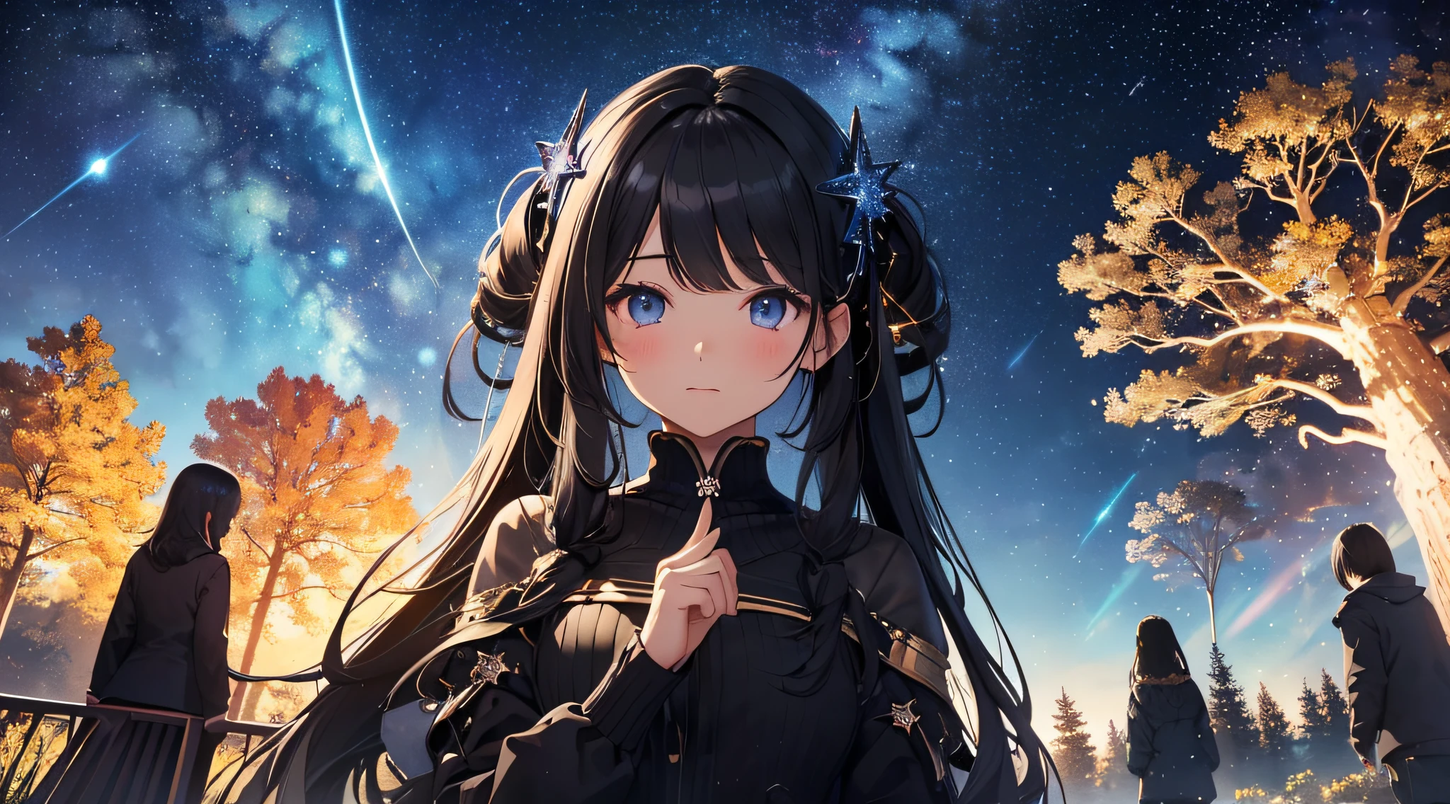 masterpiece、High Detailed Girls((a beauty girl、doress、Highly detailed hair ornament、pigtails))、Background with((Fantastic starry sky、meteors、black hole))、Depth((Giant Tree、Fantastic、Luminescent))、