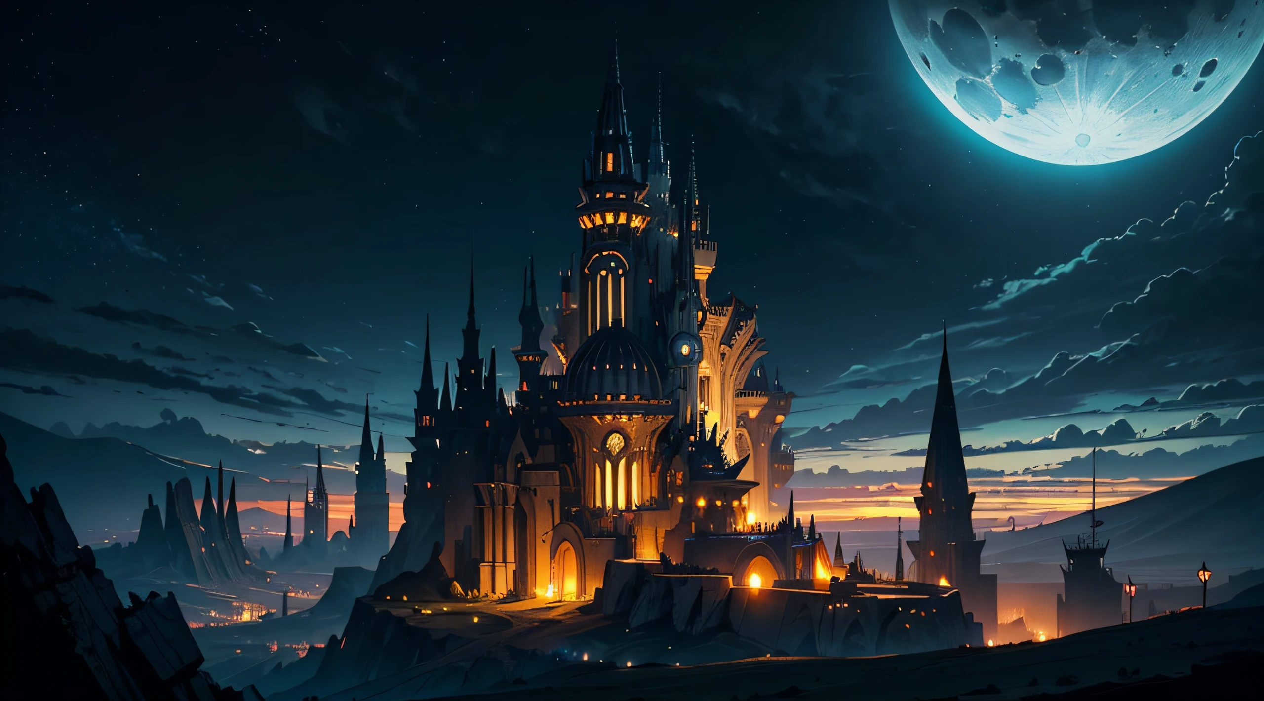Dark Fantasy, fantastic scenery, highly detailed landscape, moonlight, alien city SF future, dark art, Dystopian atmosphere, A different world that is both mechanical and retro, land like cappadocia, Weird architecture in the style of Gaudi, light from building windows, A cityscape like the old movie Metropolis, dark sky, Overcast sky, grey sky, Huge analog synthesizer wave, A mechanized anime girl like an analog synthesizer exists small in the background., view sky