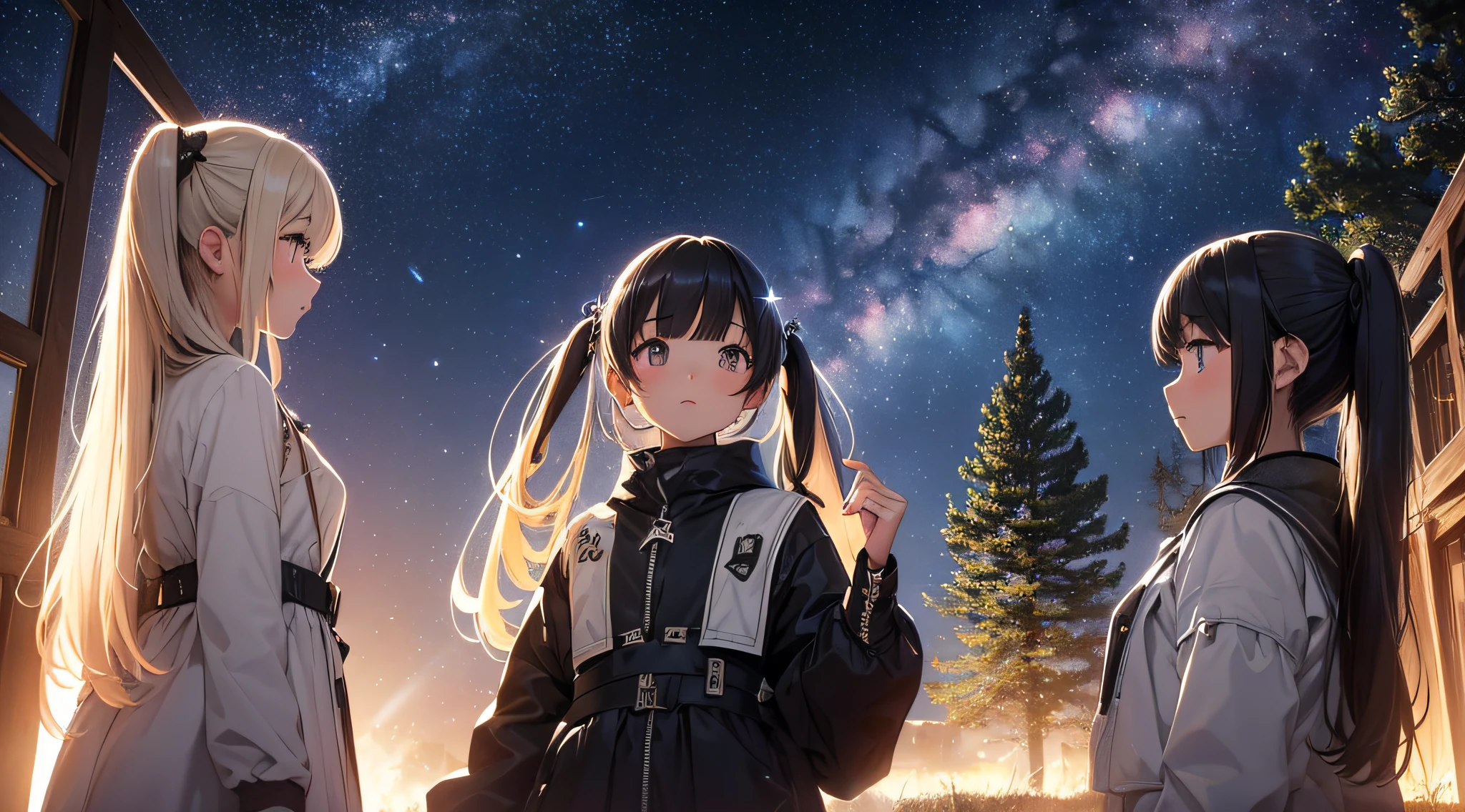 ​masterpiece、High Detailed Girls（（a beauty girl、doress、Highly detailed hair ornament、pigtails））、Background with((Fantastic starry sky、meteors、black hole))、Depth((Giant Tree、Fantastic、Luminescent))、
