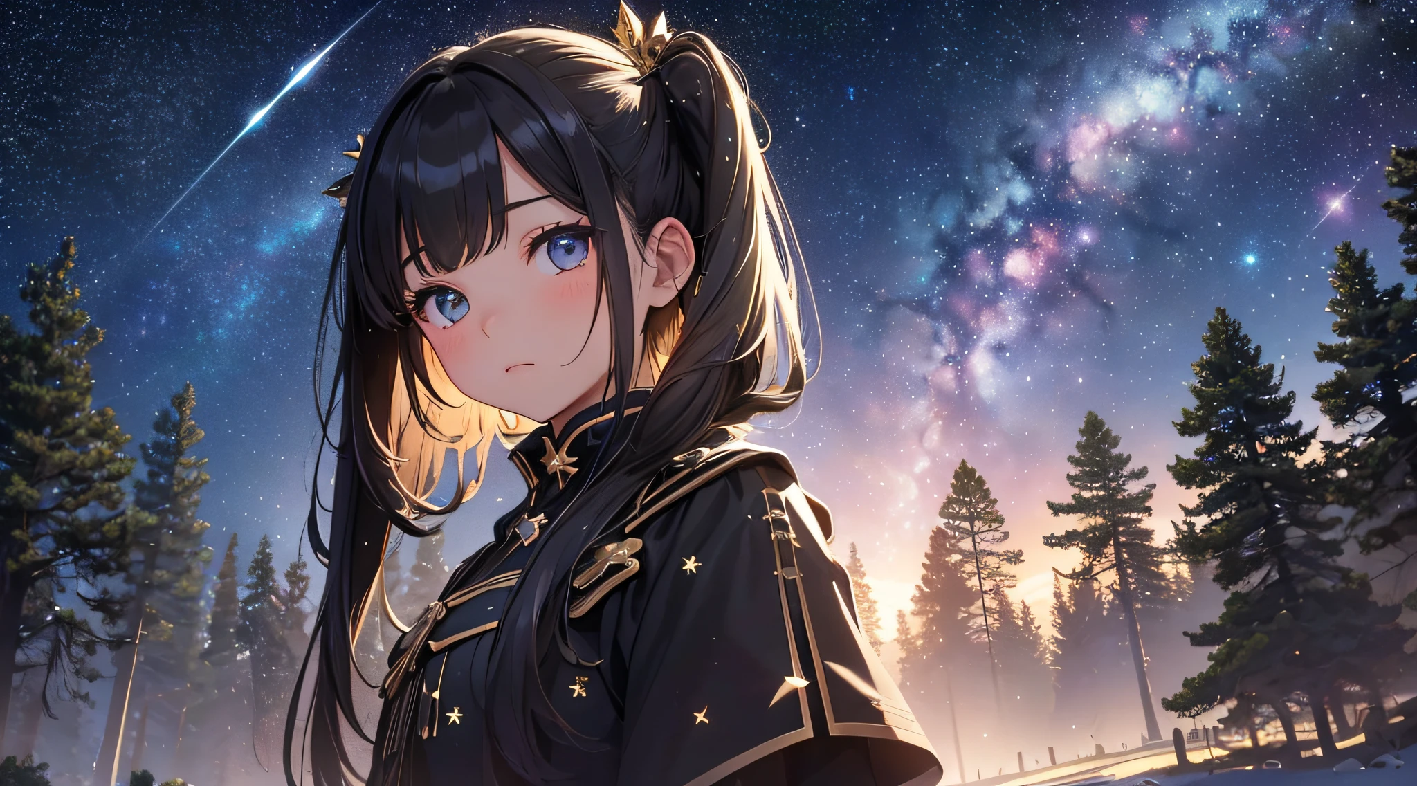 Anime girl with long hair and black outfit standing in front of a ...