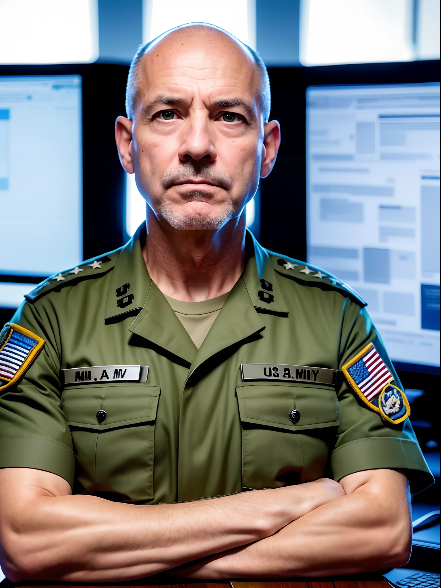 us military general, bald, green eyes, suspicious looking, upper body, arms folded, untrustworthy, norad, military computer room backdrop, computer screens, tactical room, digital maps, age 57, depth of field, male focus