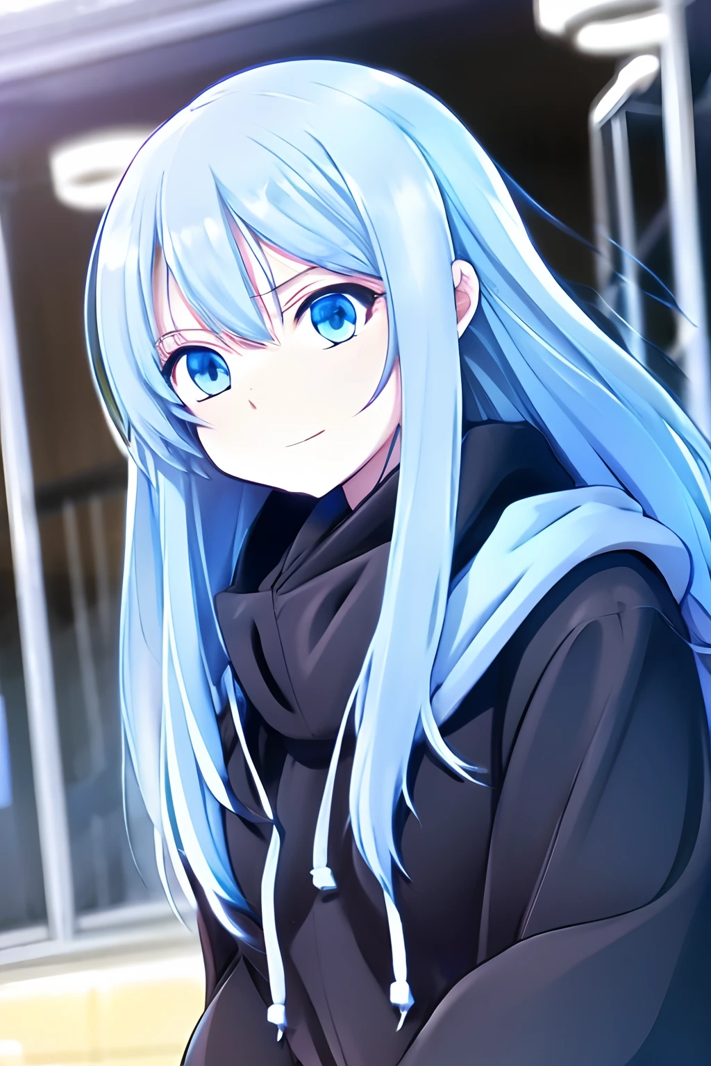Long, light blue hair, blue eyes, wearing a black hoodie, cute, girl, anime style