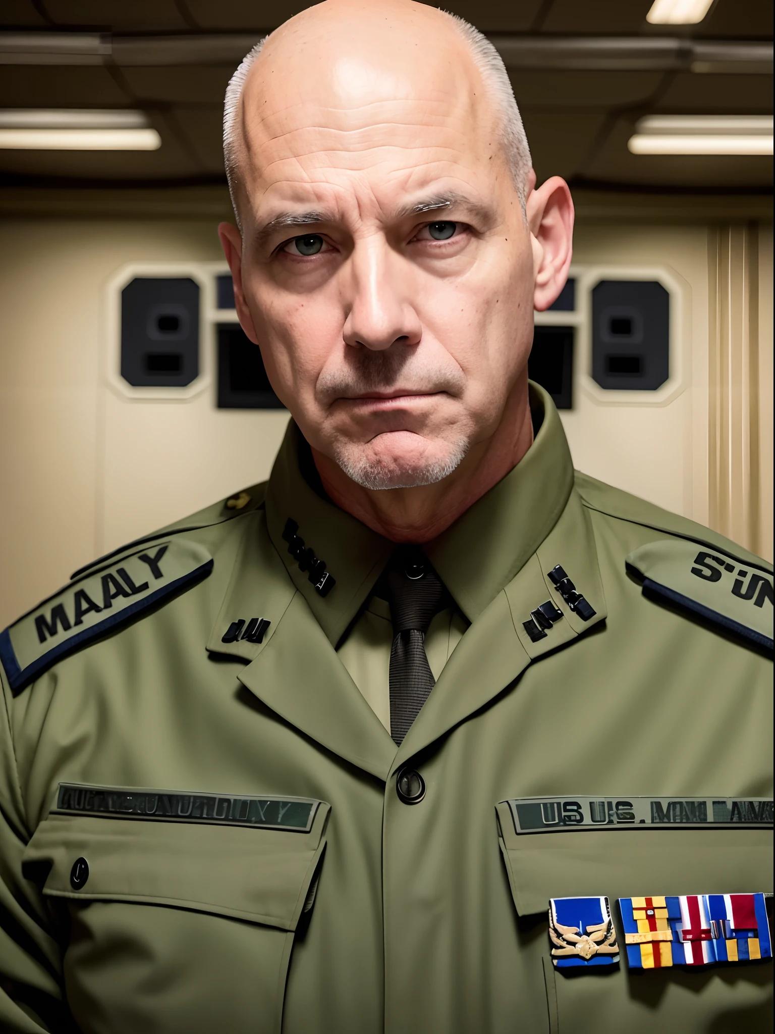 us military general, bald, green eyes, suspicious looking, upper body, arms folded, untrustworthy, norad, military computer room backdrop, computer screens, tactical room, digital maps, age 57, depth of field, male focus