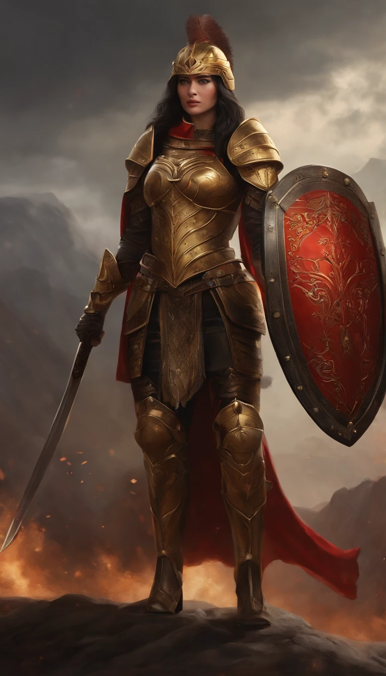 A soldier wearing armor from the Warring States Period，Holding a sword and a shield in hand，wearing her helmet，Wearing dark gold luxurious armor，Wearing armor gloves，Wearing armored combat boots，Wearing a black and gold cape，Eyes glowing red，The demons，Surreal art