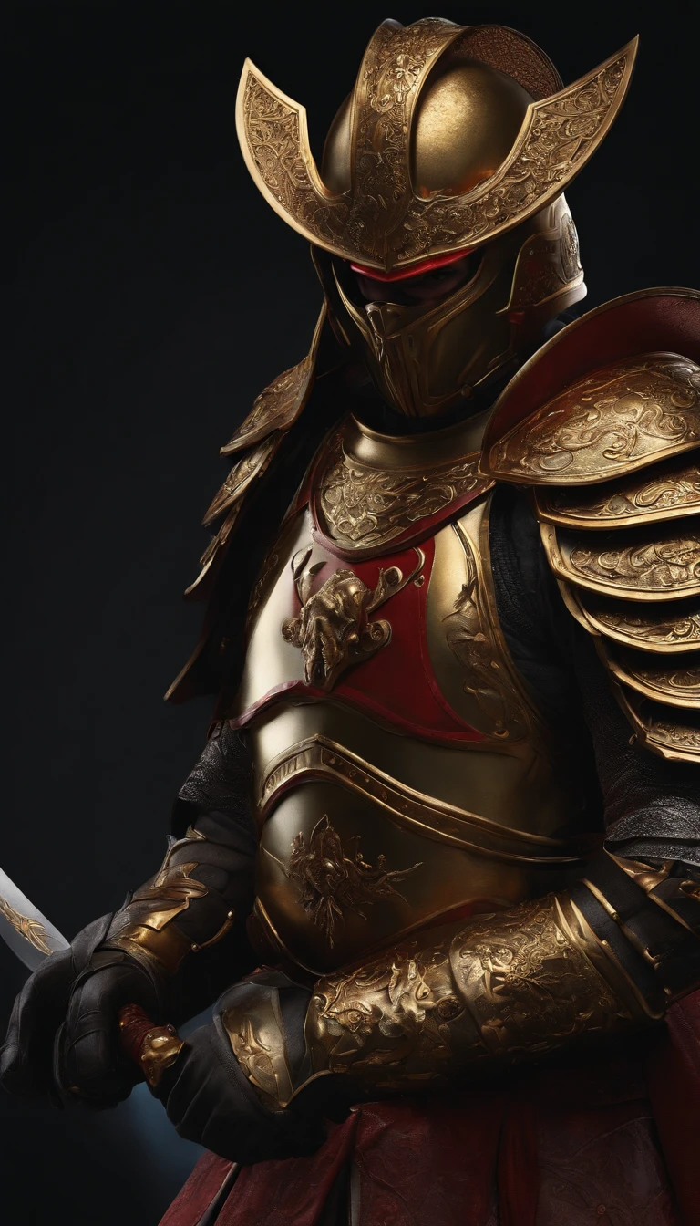 (best quality,4k,8k,highres,masterpiece:1.2),
ultra-detailed,realistic:1.37,
a soldier in samurai armor,holding a sword and a shield,wearing a helmet,
wearing luxurious dark golden armor,
wearing armored gloves,wearing armored boots,
wearing a black and gold cape,
eyes glowing red,
demonic, surreal art