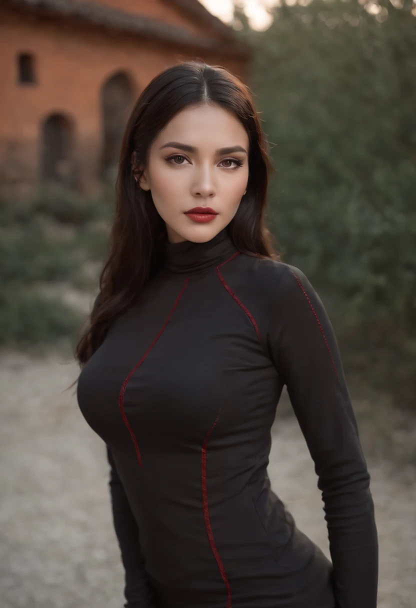 Emilicia Gomezi, tall, Gorgeous, Spanish descent, Age 23, Smooth skin, Black hair. Turtleneck of red color, Black Fitting Pants, Simple Silver Cross Necklace, Work in an underground base, Highly detailed, 发光, 8K, Checking artifacts, holding a long whip. Amazing detail,