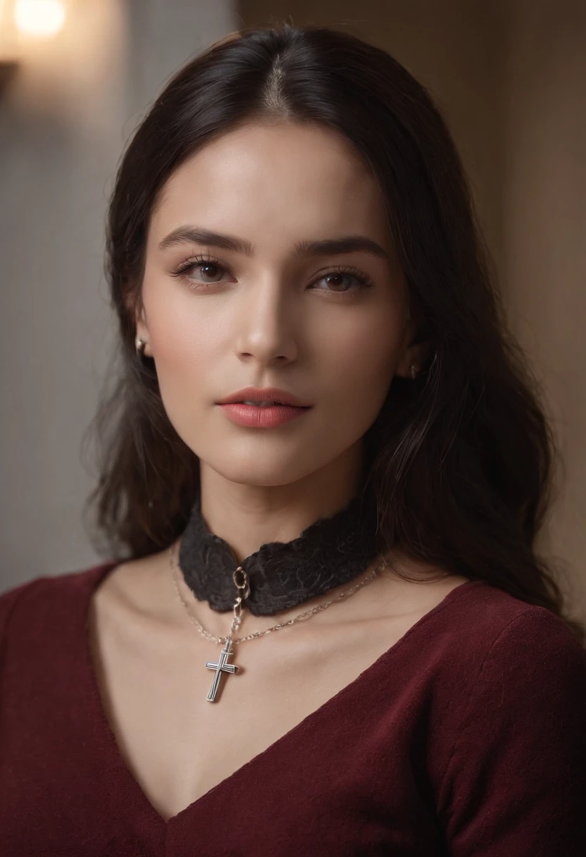 Emilicia Gomezi, tall, Gorgeous, Spanish descent, Age 23, Smooth skin, Black hair. Turtleneck of red color, Black Fitting Pants, Simple Silver Cross Necklace, Work in an underground base, Highly detailed, 发光,  8K, Checking artifacts, holding a long whip. Amazing detail,