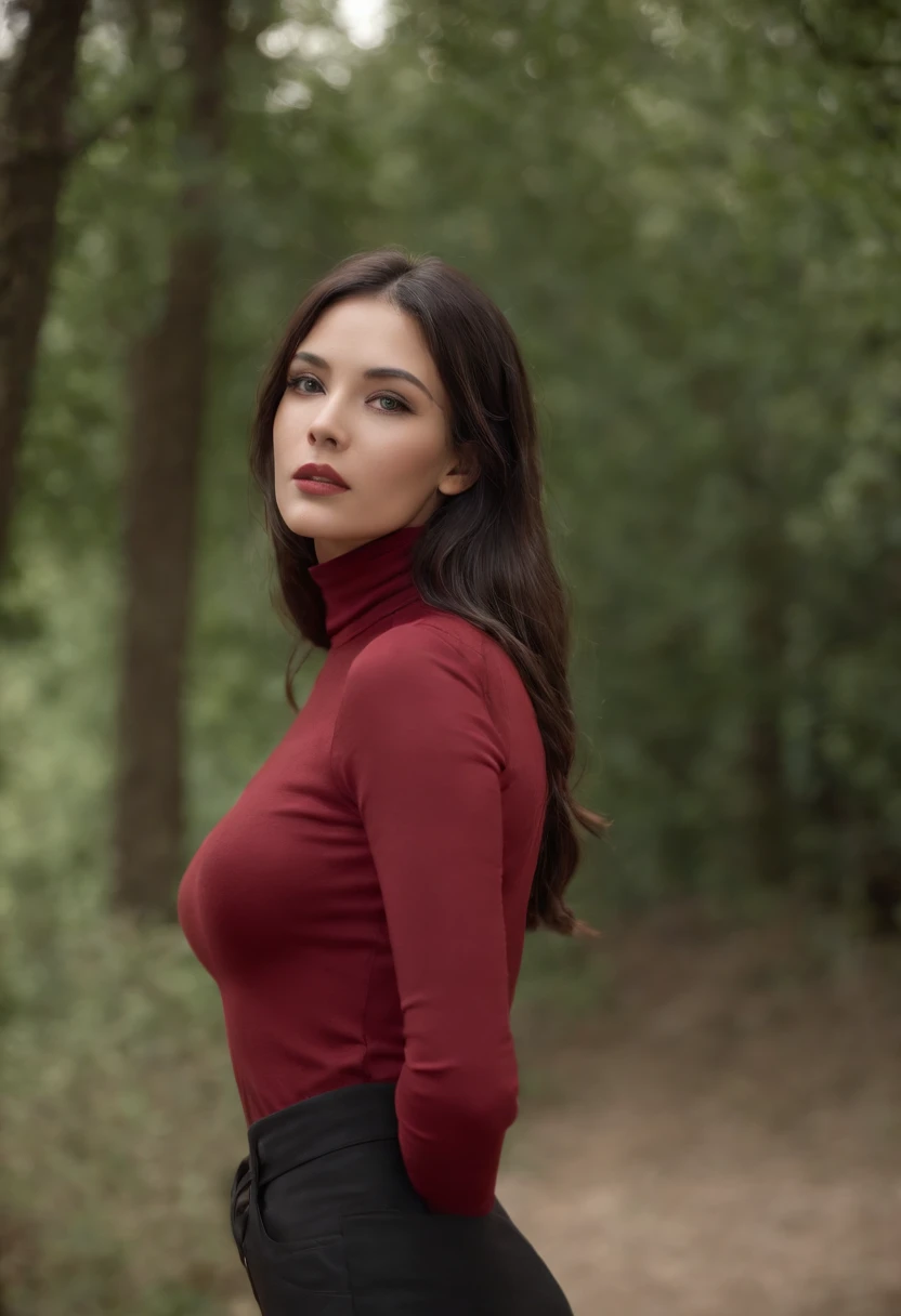 Emilicia Gomezi, tall, Gorgeous, Spanish descent, Age 23, Smooth skin, Black hair. Turtleneck of red color, Black Fitting Pants, Simple Silver Cross Necklace, Work in an underground base, Highly detailed, 发光, 8K, Checking artifacts, holding a long whip. Amazing detail,