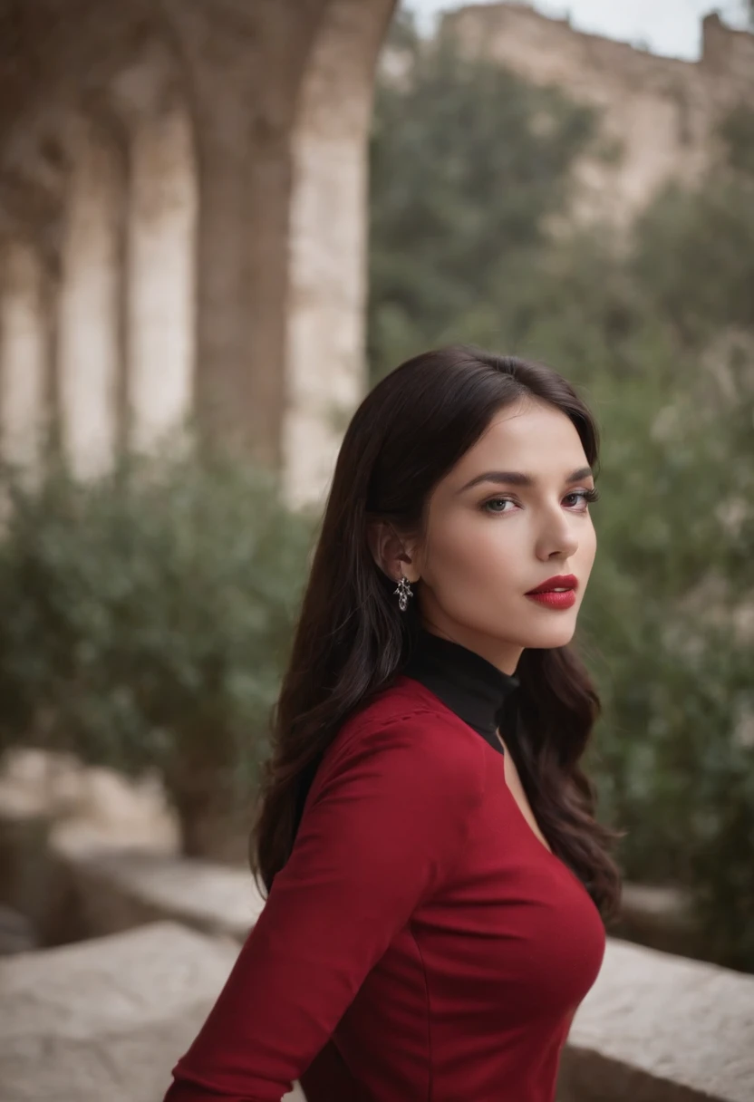 Emilicia Gomezi, tall, Gorgeous, Spanish descent, Age 23, Smooth skin, Black hair. Turtleneck of red color, Black Fitting Pants, Simple Silver Cross Necklace, Work in an underground base, Highly detailed, 发光, 8K, Checking artifacts, holding a long whip. Amazing detail,