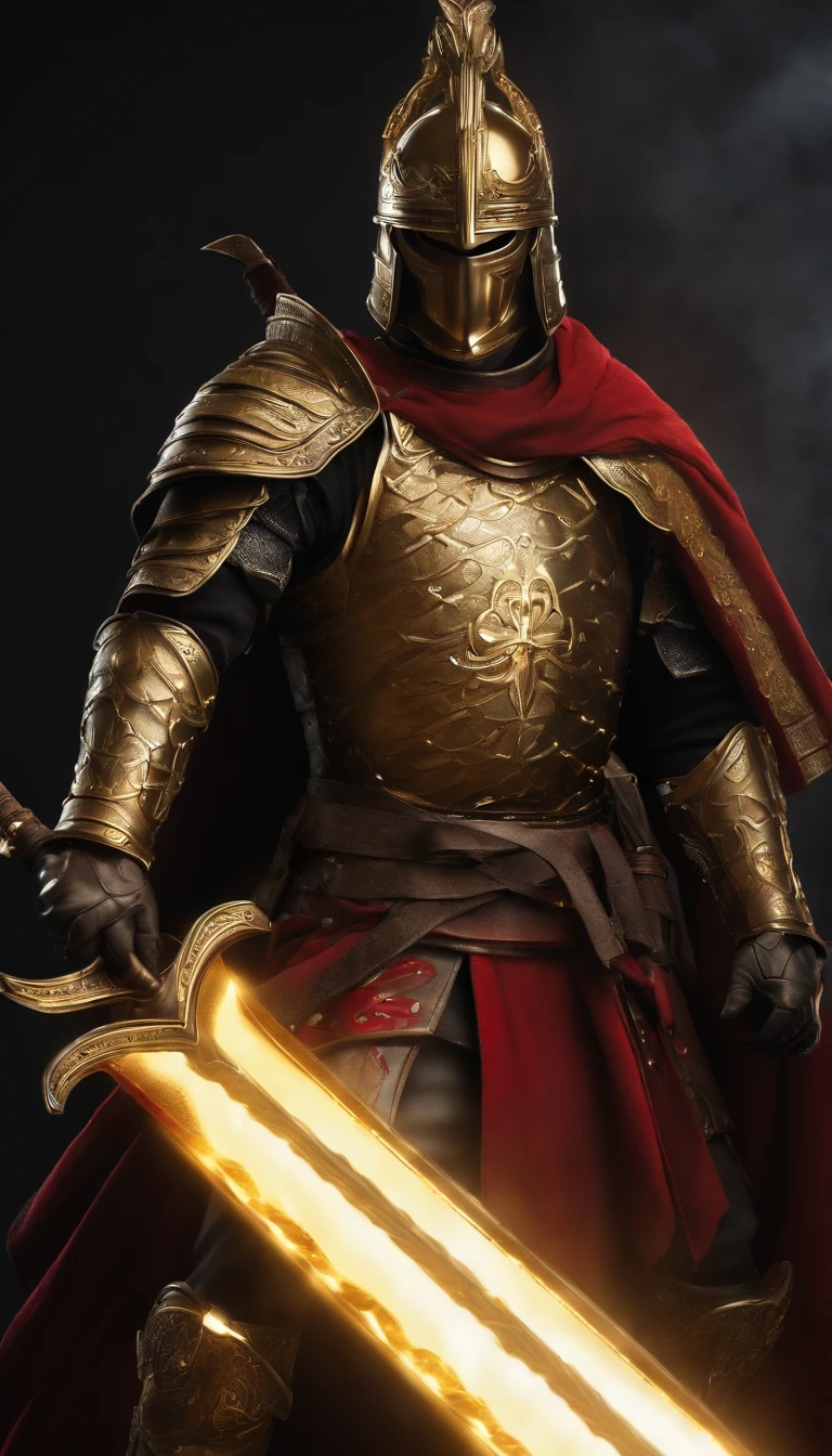 A soldier in samurai armor holding a sword and a shield, wearing a helmet, adorned in dark golden luxurious armor, wearing gauntlets and armored boots, donning a black and gold cape, eyes glowing red, demonic, surreal art,(best quality,4k,8k,highres,masterpiece:1.2),ultra-detailed,(realistic,photorealistic,photo-realistic:1.37),HDR,UHD,studio lighting,ultra-fine painting,sharp focus,physically-based rendering,extreme detail description,professional,vivid colors,bokeh,portraits,landscape.