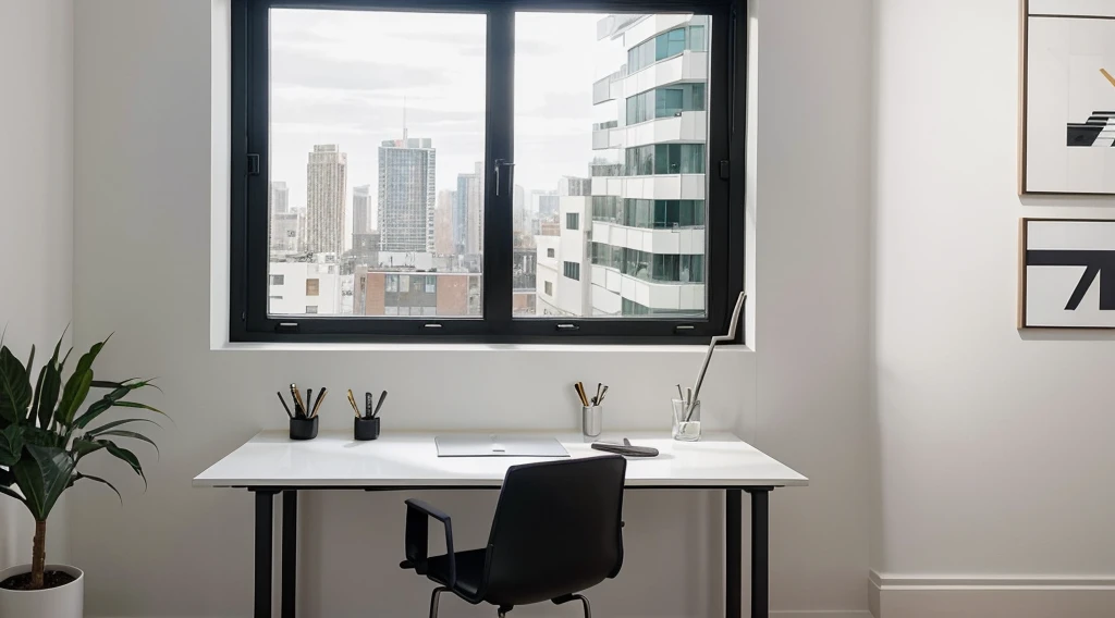 A minimalist work oasis capturing a professional environment in a stylish apartment. A sleek desk, adorned with a MacBook, open notebook, and a sleek pen, sits against a wall. The natural light pouring in from the window offers a breathtaking view of the bustling cityscape, adding a touch of inspiration to the scene. The composition emphasizes clean lines and a harmonious blend of modernity and functionality.