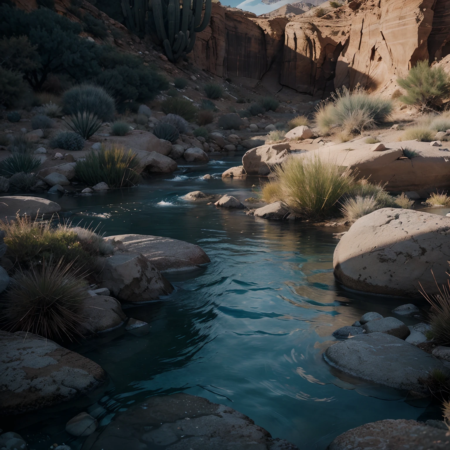 Peaceful and still stream in the middle of the desert with some xerophytic vegetation around it. Dawn time. Still and calm shallow stream with dark blue coloured stream cinematic 8k hyper realistic game graphic