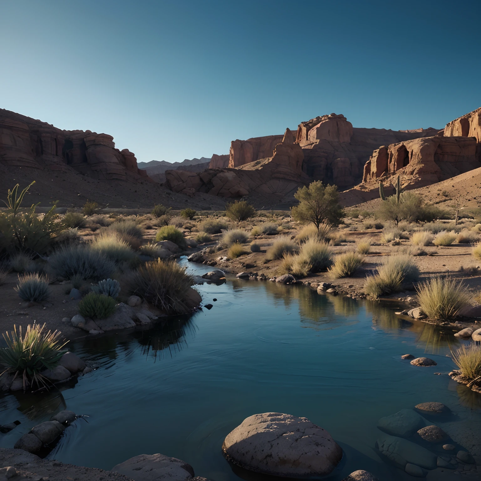 Peaceful and still stream in the middle of the desert with some xerophytic vegetation around it. Dawn time. Still and calm shallow stream with dark blue coloured stream cinematic 8k hyper realistic game graphic