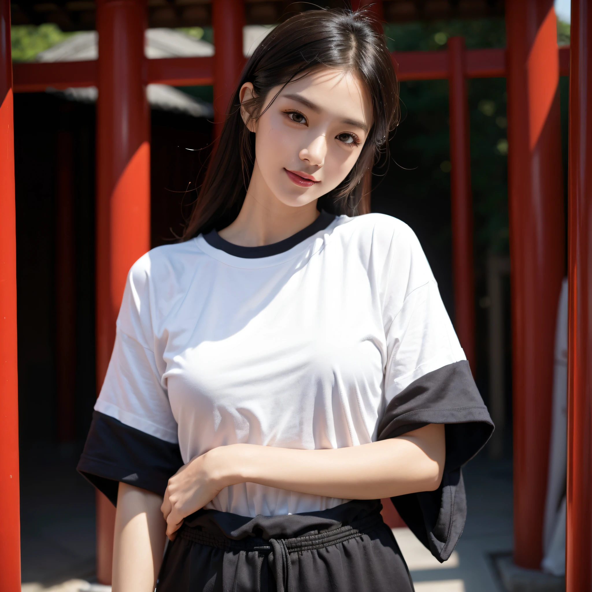 One beauty、((best qualtiy、8k masterpieces:1.3))、foco nítido:1.2、(ultra beautiful faces:1.0)、(shinny skin:1.0)、photos realistic、A dark-haired、Video Lighting、High-definition eyes and face、Video Lighting、Japanese actressl、from the front side、medium breasts、Smile、Slender Abs Beauty、Whole body、Kanji for Japan「tenderness」Wearing a T-shirt、At the shrine