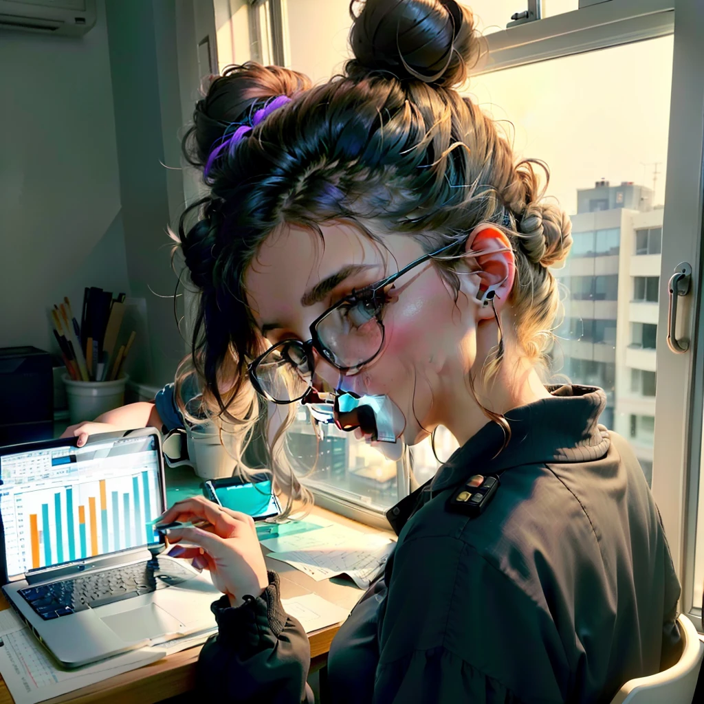 Girl with a disheveled bun, Works with economic charts, There is a computer on the table, It's night outside the window, There are stars in the sky, The room is a creative mess, There is a glass of coffee on the table