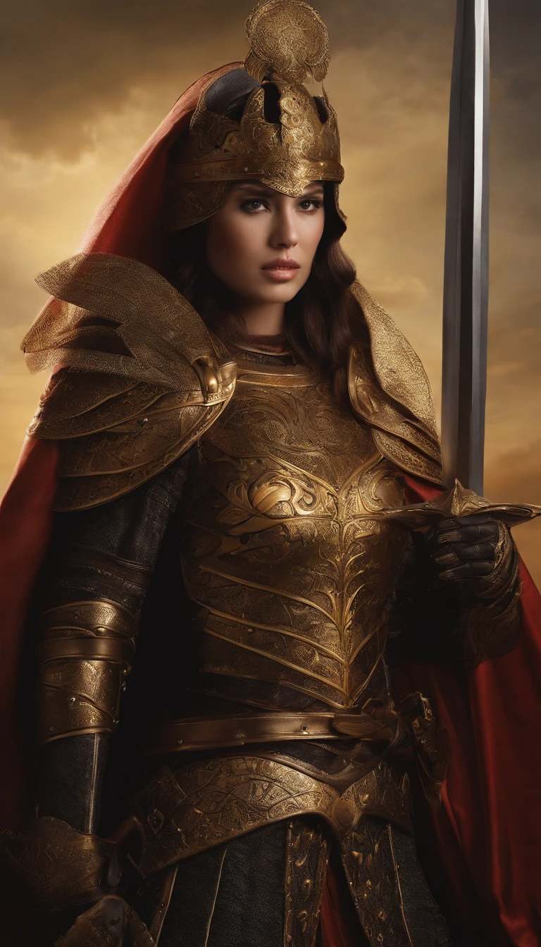 A soldier wearing armor from the Warring States Period,Holding a sword and a shield in hand,wearing her helmet,Wearing dark gold luxurious armor,Wearing armor gloves,Wearing armored combat boots,Wearing a black and gold cape,Eyes glowing red,The demons,Surreal art,Ultra-detailed full-body portraits,character is standing