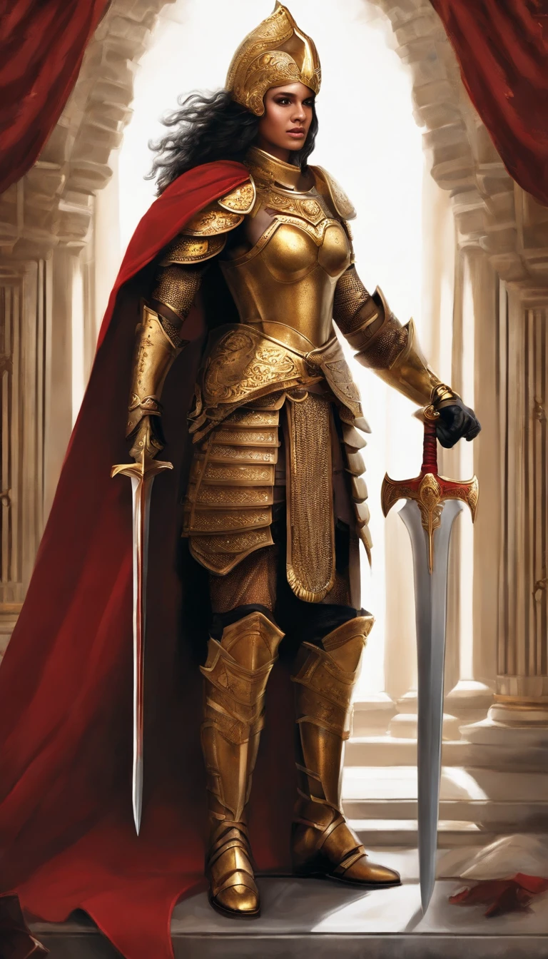 A soldier wearing armor from the Warring States Period，Holding a sword and a shield in hand，wearing her helmet，Wearing dark gold luxurious armor，Wearing armor gloves，Wearing armored combat boots，Wearing a black and gold cape，Eyes glowing red，The demons，Surreal art，Ultra-detailed full-body portraits，character is standing