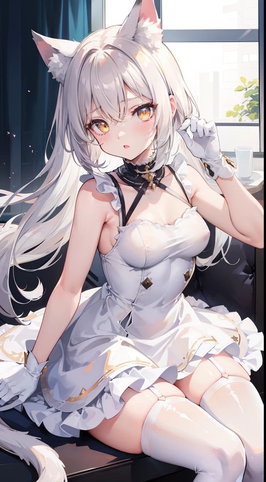 Description: 1girl, solo, breasts, looking at viewer, blush, open mouth, bangs, thighhighs, gloves, dress, animal ears, hair between eyes, bare shoulders, brown eyes, collarbone, yellow eyes, white hair, thighs, small breasts, parted lips, sleeveless, indoors, cat ears, white gloves, white dress, covered nipples, white thighhighs, animal ear fluff, skindentation, leaning forward, sleeveless dress, short dress, frilled dress, cat girl, slit pupils