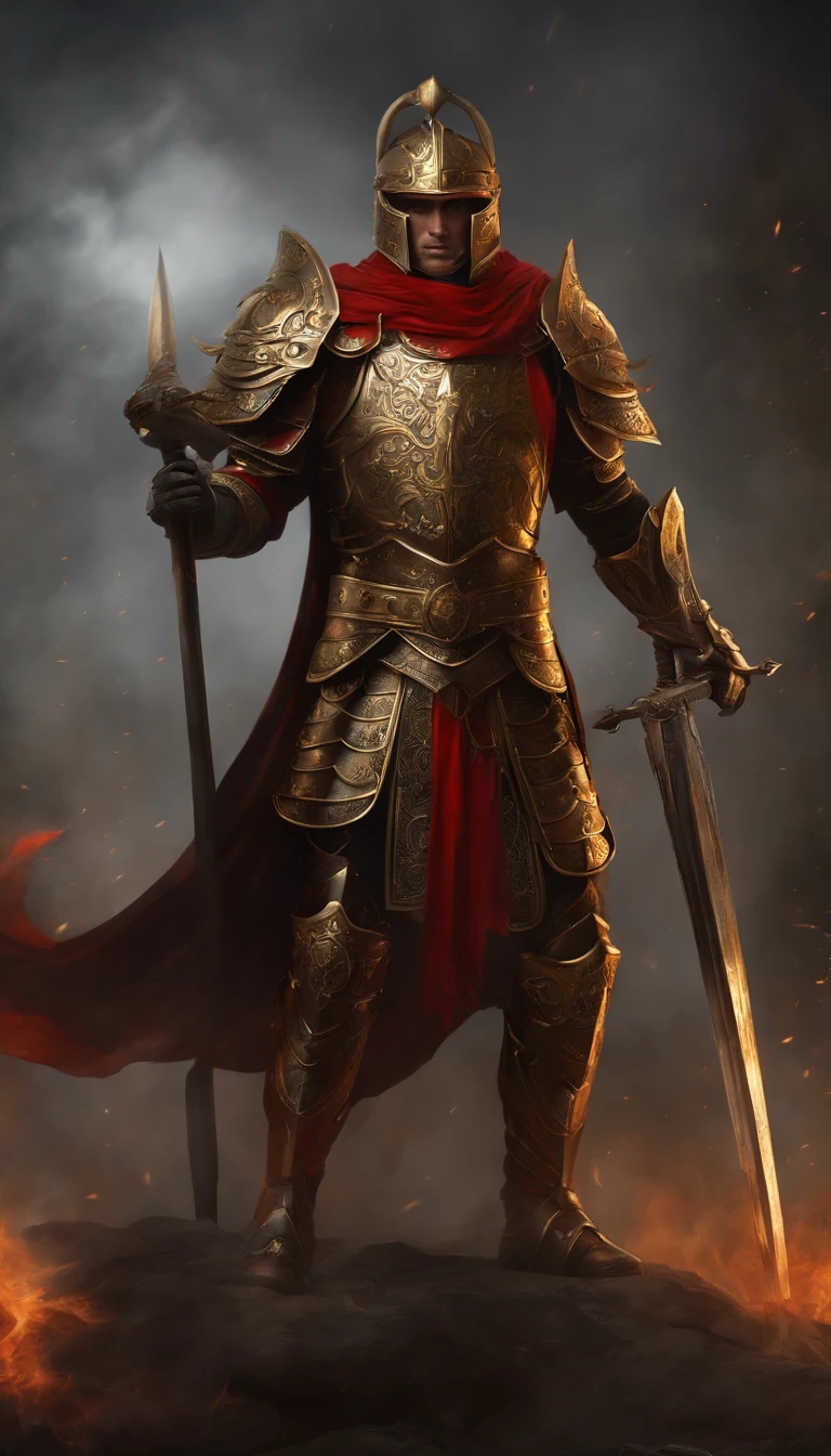 (best quality,highres,ultra-detailed),a soldier wearing armor from the Warring States period,(red-eyed,demonic) character standing,holding a sword and a shield,wearing a helmet,dressed in luxurious dark gold armor,armor gloves,armor boots,wearing a black and gold cape,engulfed in a red aura,super surreal art,super detailed full-body portrait