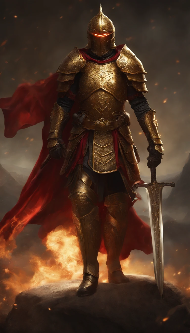 (best quality,highres,ultra-detailed),a soldier wearing armor from the Warring States period,(red-eyed,demonic) character standing,holding a sword and a shield,wearing a helmet,dressed in luxurious dark gold armor,armor gloves,armor boots,wearing a black and gold cape,engulfed in a red aura,super surreal art,super detailed full-body portrait