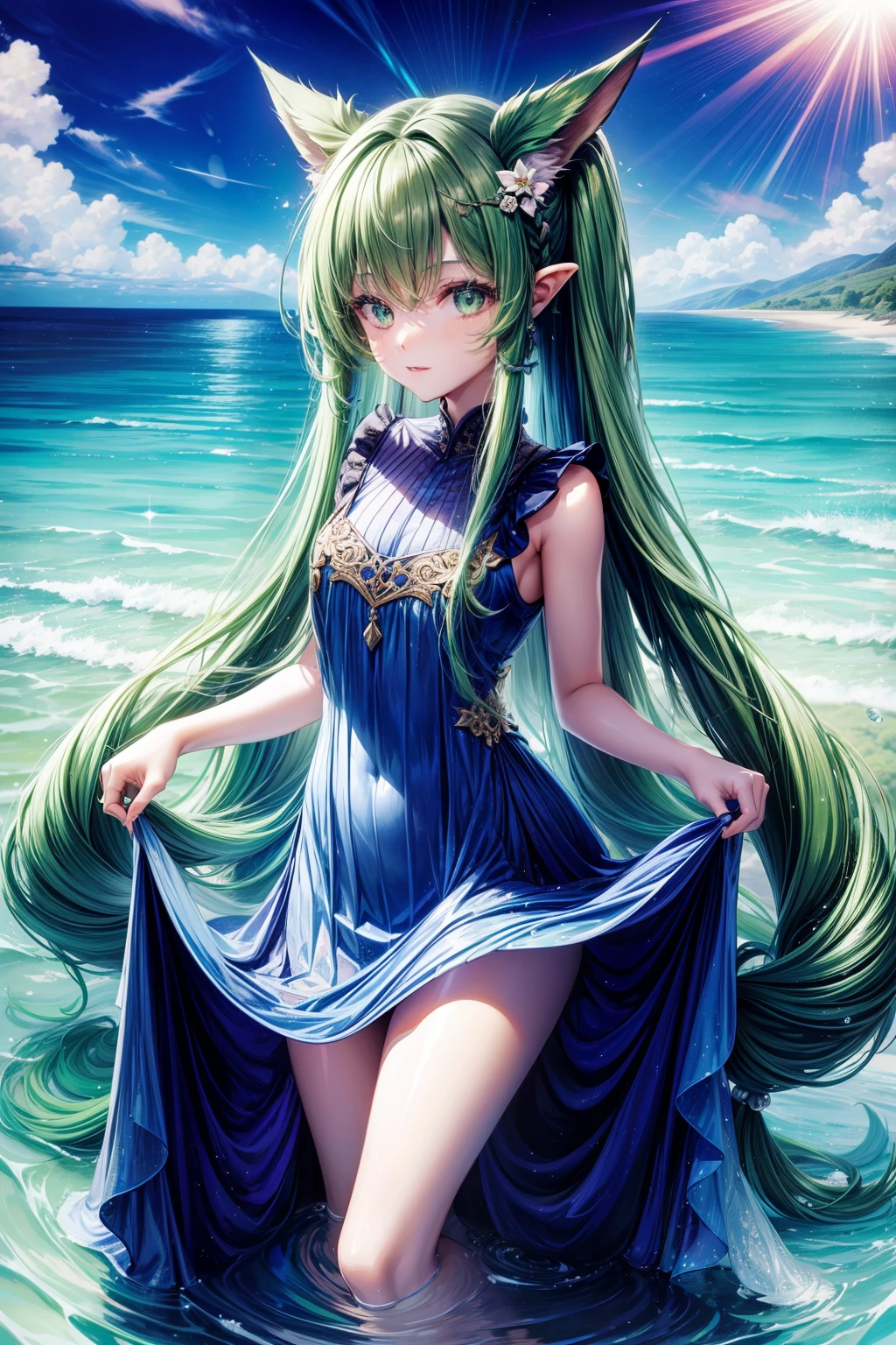 1girll, Solo, hair adornments, Green hair, double tails, Long hair, dress, water