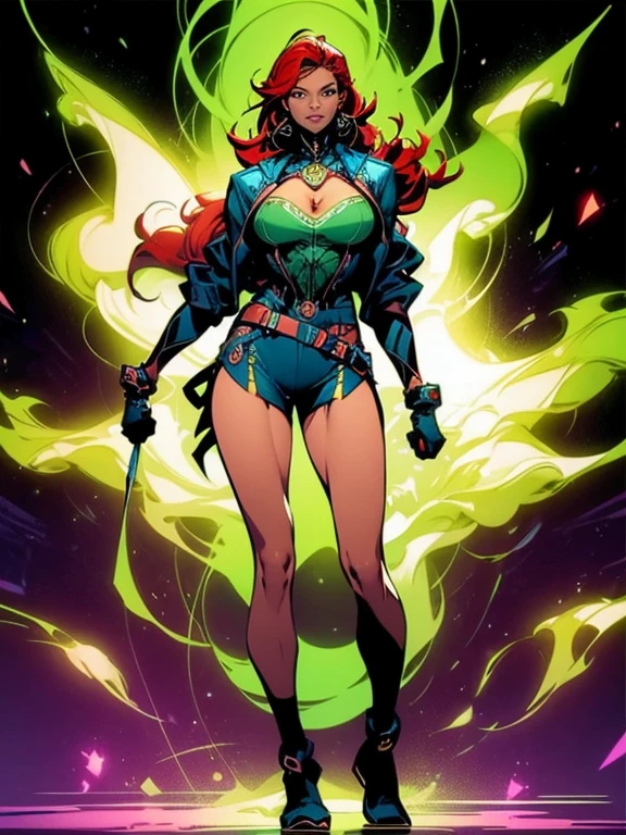 (masterpiece), (best quality:1.4), (perfect anatomy:1.4), high quality, expressive eyes, full body, detailed face, beautiful face, perfect face, 1 girl, breasts, cleavage, gloves, huge breasts, cyberpunk clothes, ultramarine jacket, very long hair, thigh length hair, ({dark skin}), dark-skinned female, detailed ((red hair)), messy hair, green eyes, braid, gloves, jacket, hourglass physique, casual outfit, shorts, dynamic lighting, cityscape background