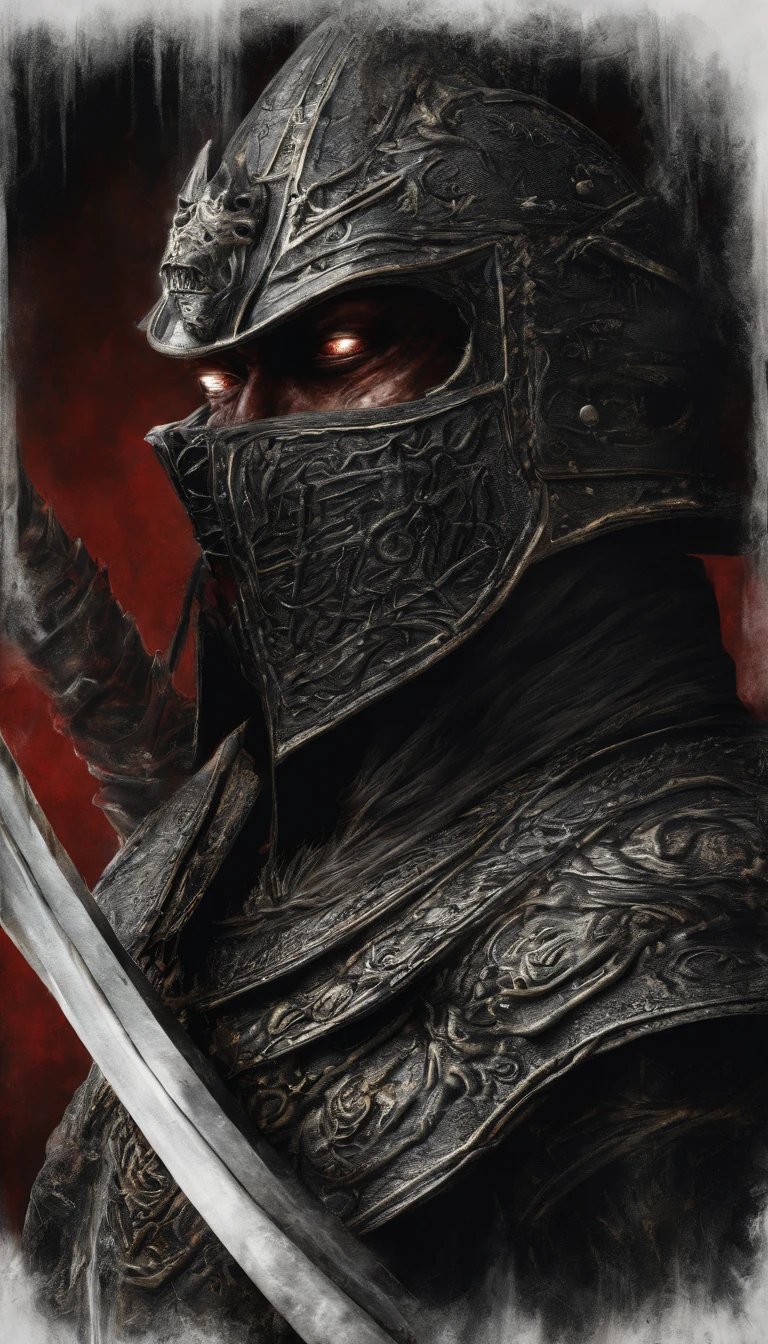 (best quality,ultra-detailed,realistic:1.37),detailed eyes,detailed lips,extremely detailed eyes and face,long eyelashes,1 soldier in samurai armor,holding a sword,holding a shield,wearing a helmet,wearing a luxurious dark gold armor,wearing armor gloves,wearing armor boots,wearing a black and gold cape,eyes glowing red,devil,hyper-realistic art,full-body portrait with extreme details,character standing
