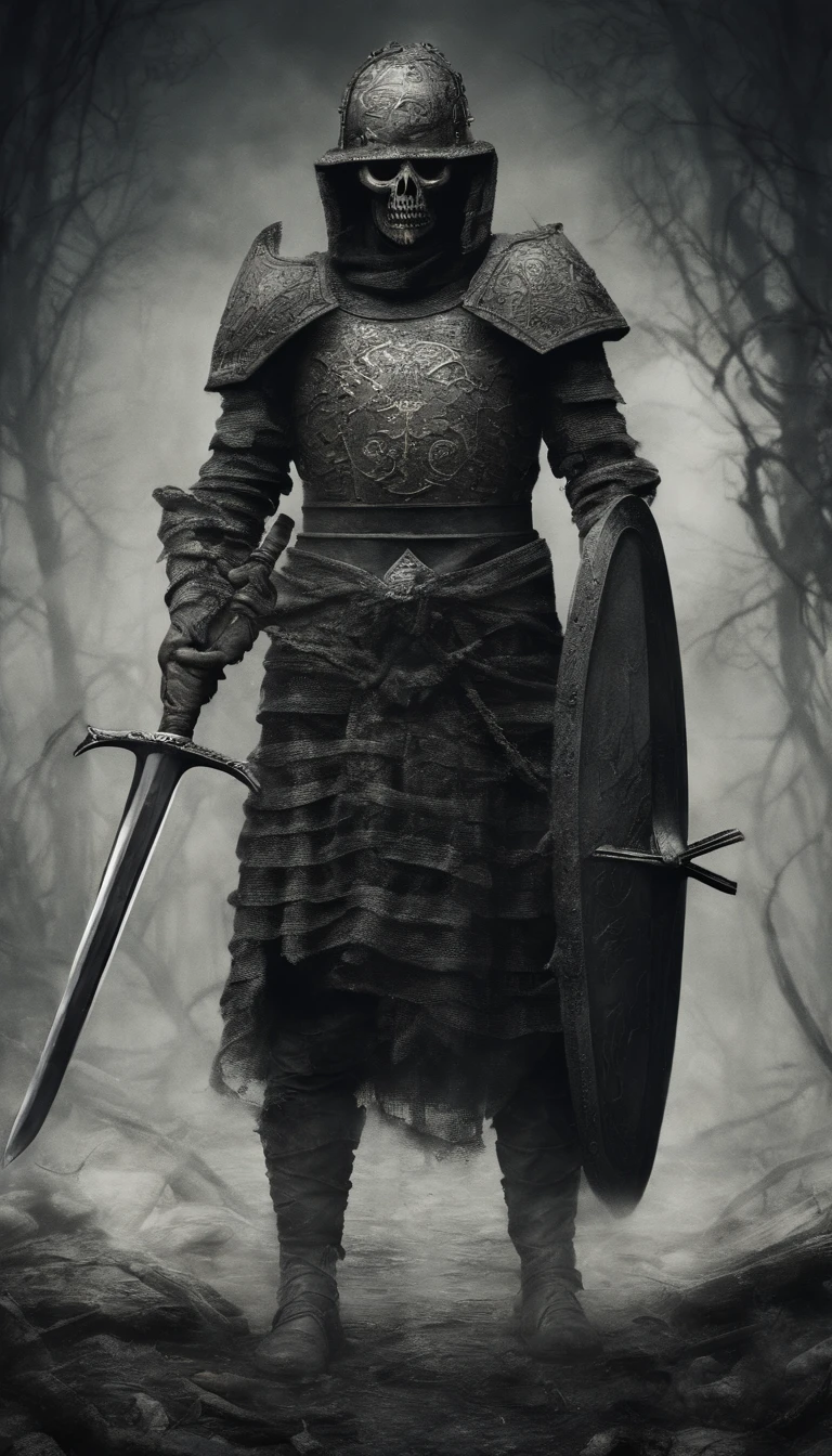 An ancient soldier holding a sword and shield,Surreal art