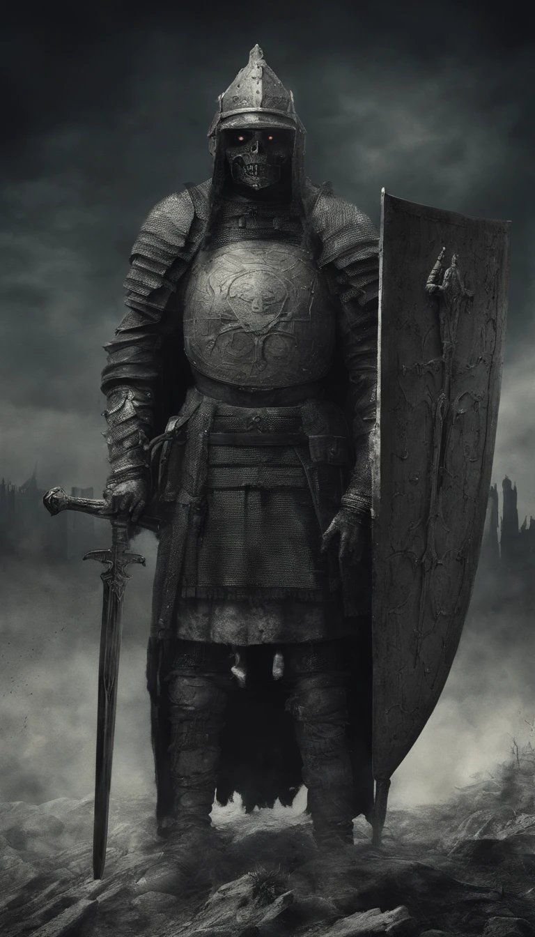 An ancient soldier holding a sword and shield,Surreal art