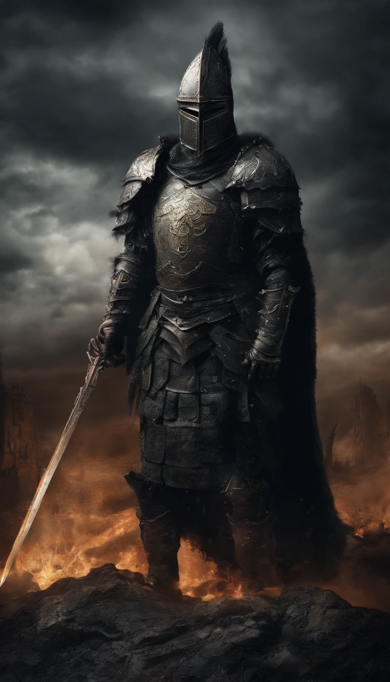 (best quality,4k,highres:1.2),ultra-detailed,(realistic,photorealistic:1.37),ancient warrior with sword and shield,metallic armor,large feathered helmet,sharp sword and shield,aggressive stance, intimidating glare, stone fortress in the background, menacing atmosphere, dramatic lighting, vibrant colors, surreal art