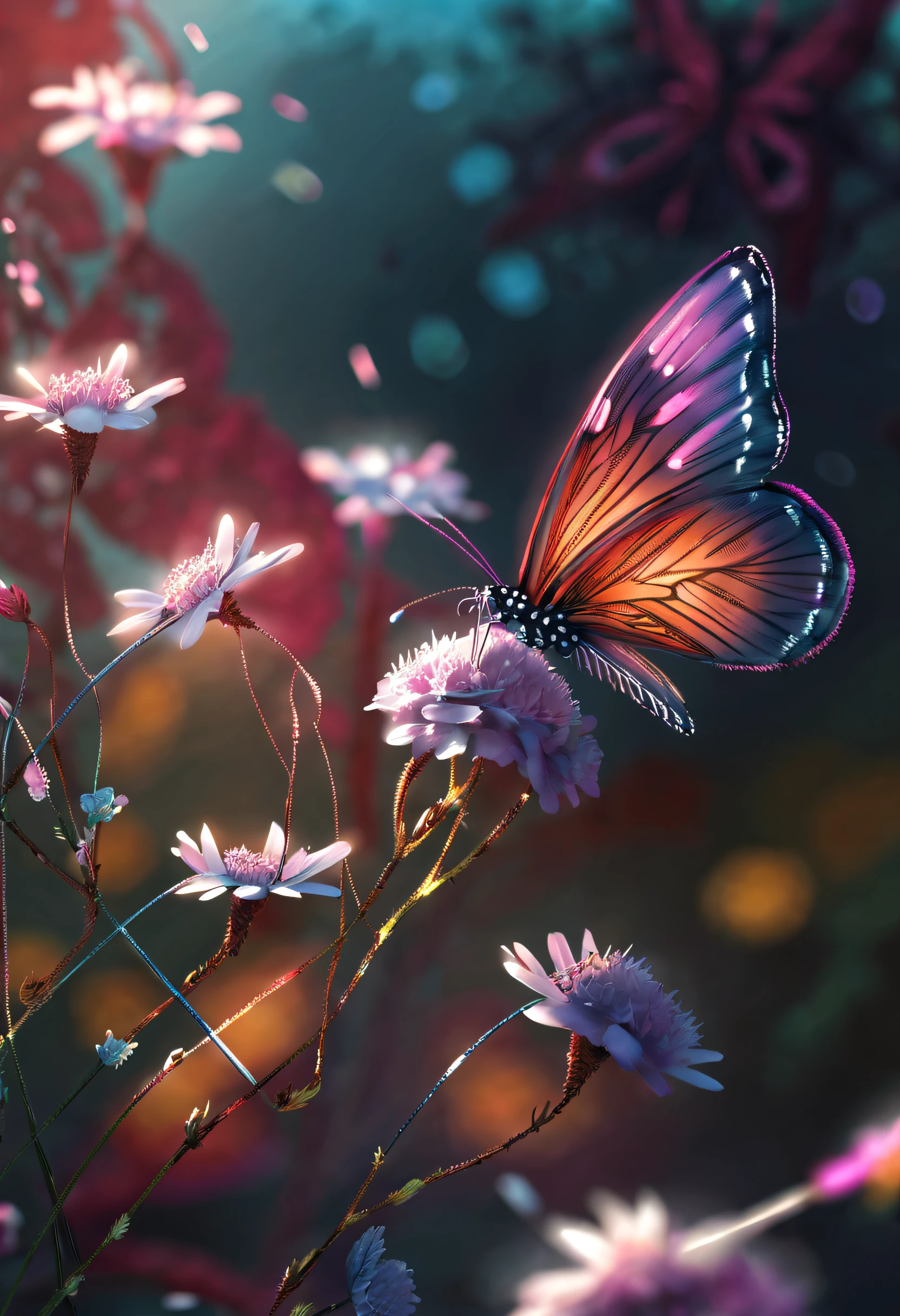 a colorful butterfly in a sunny garden, delicate wings, intricate patterns, vibrant colors, detailed close-up, artistic illustration, high-res, realistic rendering, soft natural lighting, floral background, vivid hues, serene atmosphere.