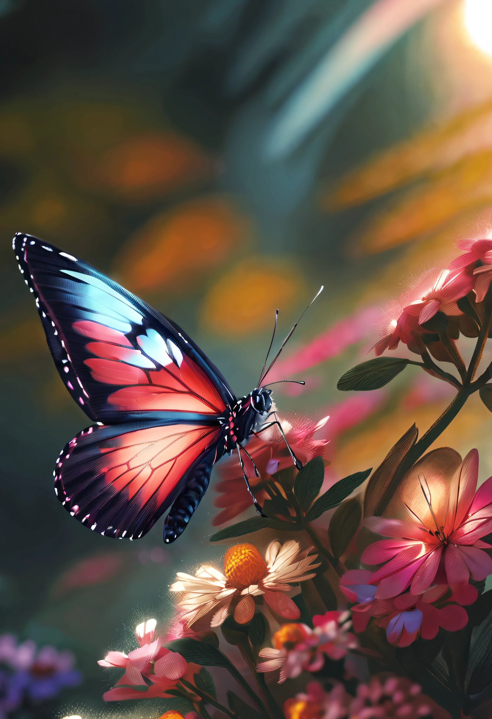 a colorful butterfly in a sunny garden, delicate wings, intricate patterns, vibrant colors, detailed close-up, artistic illustration, high-res, realistic rendering, soft natural lighting, floral background, vivid hues, serene atmosphere.