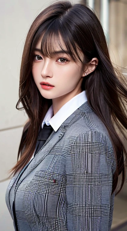 Photorealistic, High resolution, 1 girl, A detailed face、Red long hair, Beautiful eyes, Inverted triangle face、(Skinny face:1.1)、Slender figure、thin-waist、medium breasts、clong legs、 Black business suit, Black Pencil Skirt, tying a white button up shirt, Long bangs、Slightly upturned