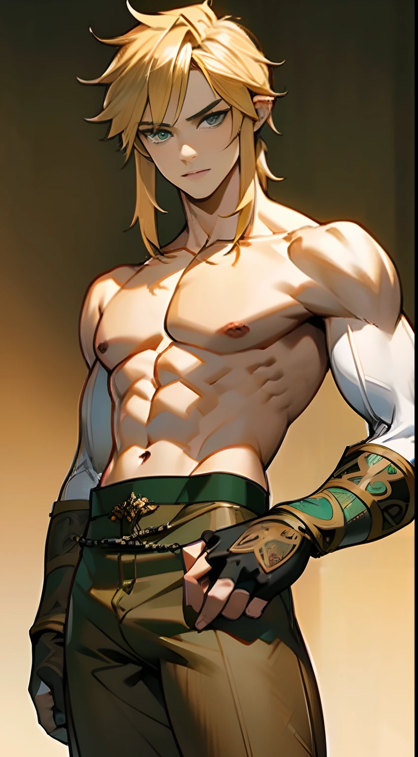 blond, tall, green-eyed guy, viking style, russian hero style, strong,  anime style, anime  , link, ( short gloves:1.2), standing, (topless:1.3), demigod , (muscular:0.3),(sport:0.2), (smiling:0.5), (dominant:1.2),(evil:0.6)(confident)(sadistic)(adult:1.5)(masculine:1.2)(slender:0.2)(powerful)(looking at viewer)(pants)(beautiful eyes)(naughty),(highly detailed:1.4)(intricate:1.3)(beautifully shaded skin:1),(brown pants)