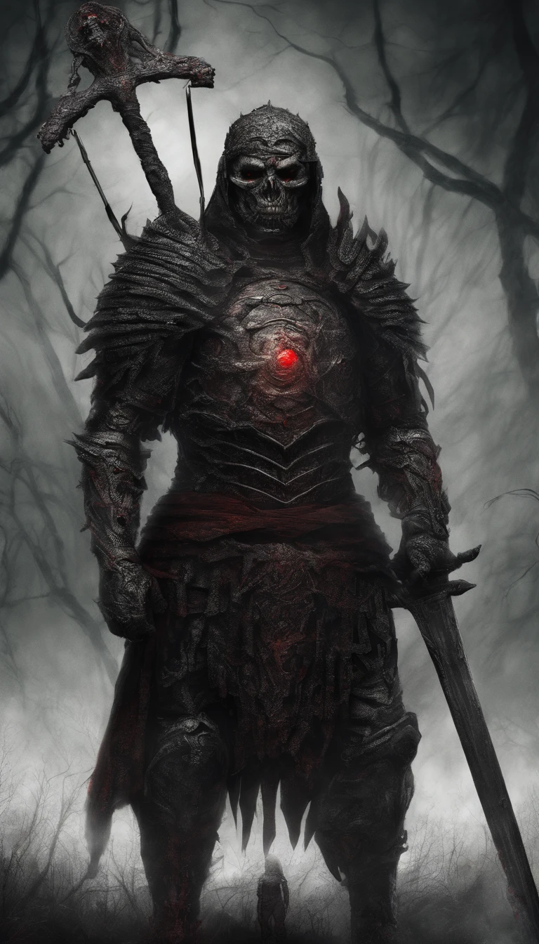 An ancient soldier holding a sword and shield，Surreal art，Eyes glowing red，demonic creature，Ultra-detailed full-body portraits