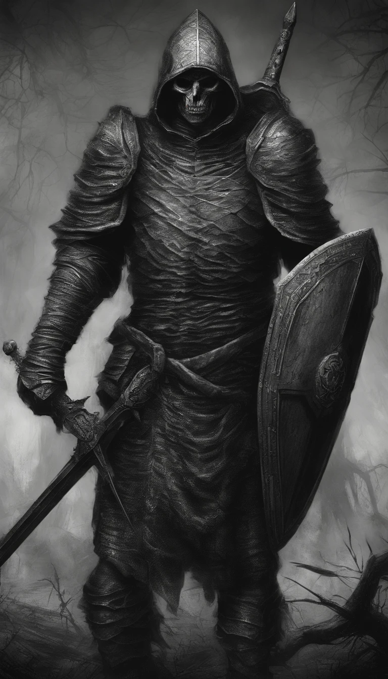 An ancient soldier holding a sword and shield，Surreal art，Eyes glowing red，demonic creature，Ultra-detailed full-body portraits