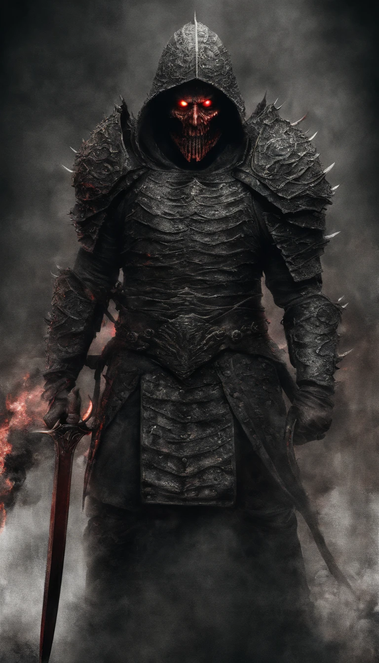 A man in a dark armor with a sword and a glowing face - SeaArt AI