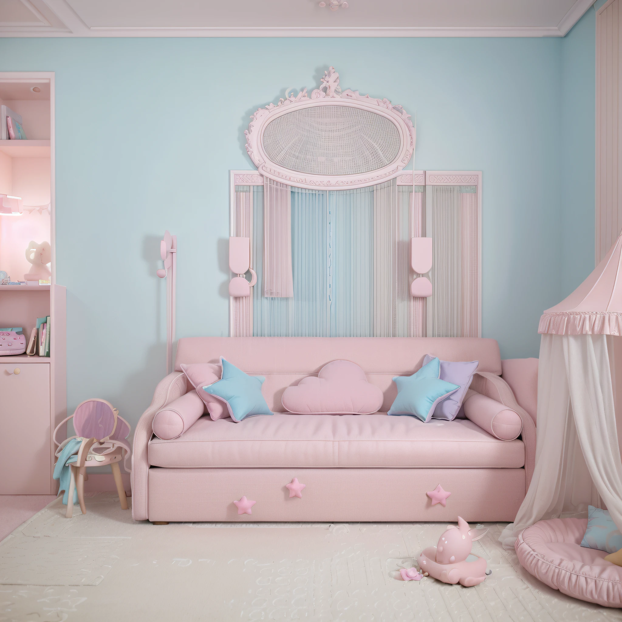 close-up of a sofa in the room, Children's bedroom, Dreamy and detailed, Dreamy style, fantastic pastel colors, in pastel colors, charming and quirky, Blue-pink color scheme, Girl's room, high quality 3d render, quirky and cute, Very nice pastel colors, Ethereal and dreamy theme, high quality 3d render
