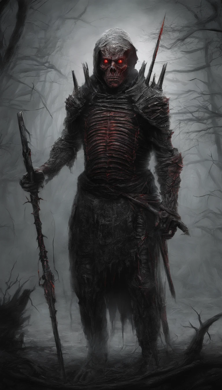 An ancient soldier holding a spear,Surreal art,Eyes glowing red,demonic creature,Ultra-detailed full-body portraits