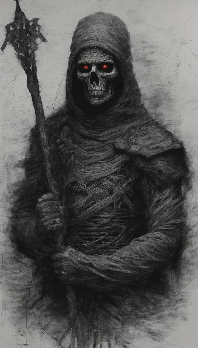 An ancient soldier holding a spear，Surreal art，Eyes glowing red，demonic creature，Ultra-detailed full-body portraits