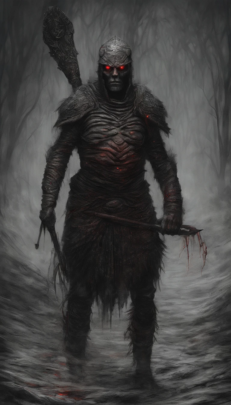 An ancient soldier holding a spear,Surreal art,Eyes glowing red,demonic creature,Ultra-detailed full-body portraits