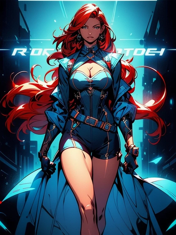 (masterpiece), (best quality:1.4), (perfect anatomy:1.4), high quality, expressive eyes, full body, detailed face, beautiful face, perfect face, 1 girl, breasts, cleavage, gloves, huge breasts, cyberpunk clothes, ultramarine jacket, very long hair, thigh length hair, ({dark skin}), dark-skinned female, detailed ((red hair)), messy hair, green eyes, braid, gloves, jacket, hourglass physique, casual outfit, shorts, dynamic lighting, cityscape background