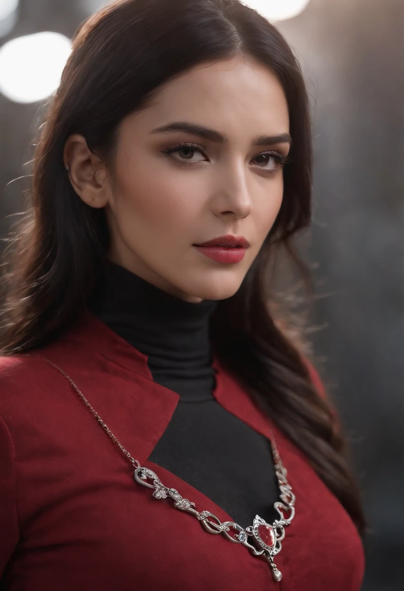 nsfw,Emilicia Gomez, tall, Gorgeous, Spanish descent, Age 23, Smooth skin, Black hair. Turtleneck of red color, Black Fitting Pants, Simple Silver Cross Necklace, Work in an underground base, Highly detailed, 发光,  8K, Checking artifacts, holding a long whip. Amazing detail,