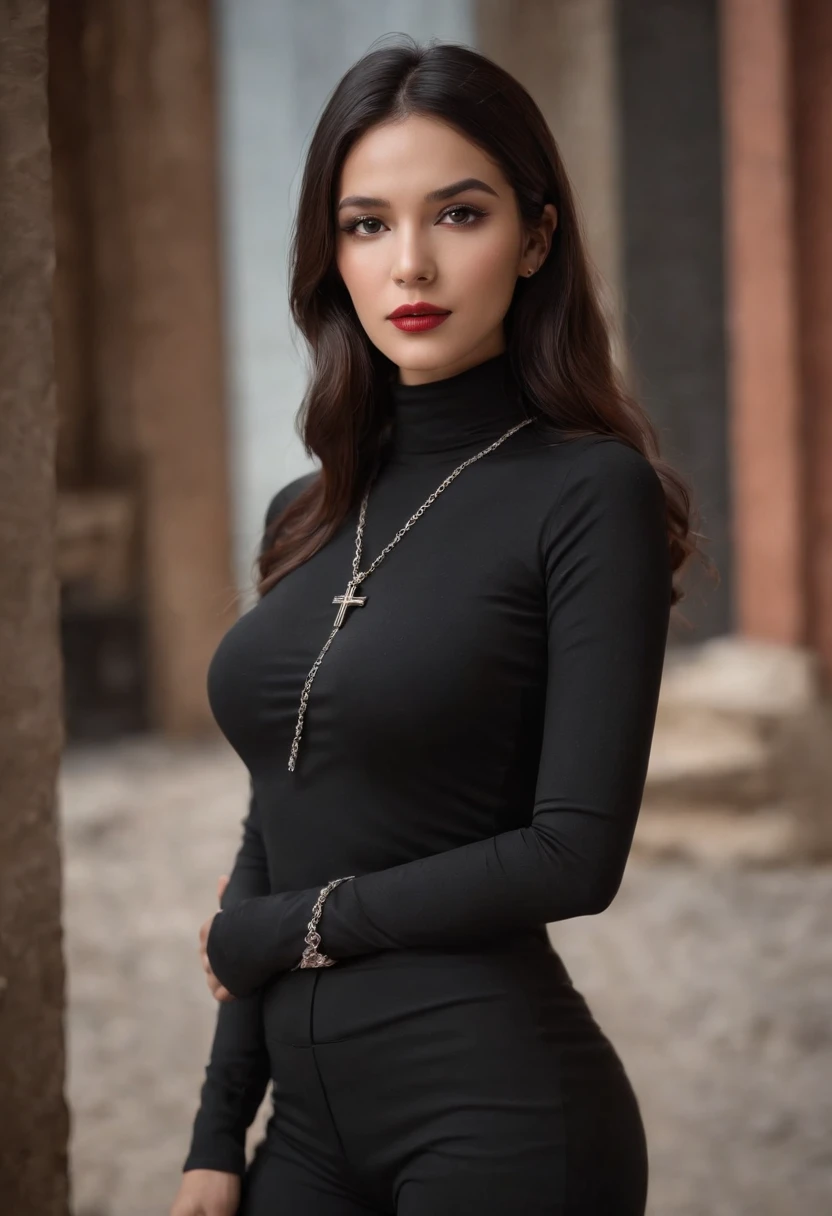 nsfw,Emilicia Gomez, tall, Gorgeous, Spanish descent, Age 23, Smooth skin, Black hair. Turtleneck of red color, Black Fitting Pants, Simple Silver Cross Necklace, Work in an underground base, Highly detailed, 发光, 8K, Checking artifacts, holding a long whip. Amazing detail,