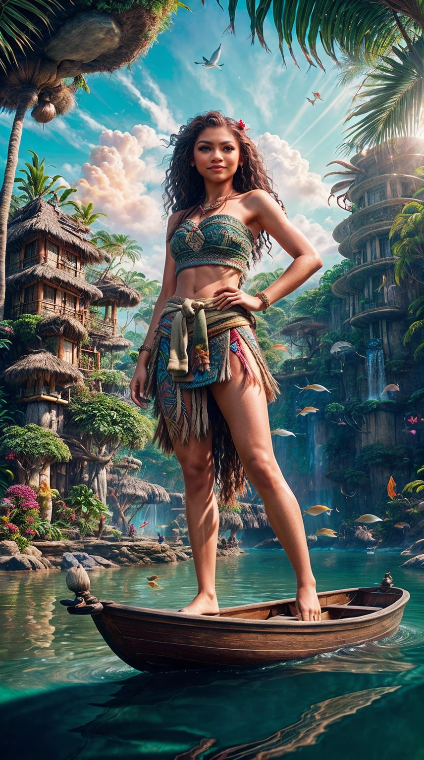 Generate a captivating image of Zendaya in a fantastical Moana cosplay set in a magical jungle oasis, highlighting her with a voluptuous body that celebrates natural beauty. Envision Zendaya wearing Moana's iconic outfit, with intricate details like a red crop top, a cream-colored sash, a tan skirt, and a red and orange sash around her waist, accentuating her curves in a way that feels both authentic and empowering.

Transport this fantasy to the heart of a lush and enchanted jungle, where vibrant flora and fauna surround Zendaya. Introduce ethereal glows around her, emanating from the magical connection she shares with nature. Envision a magical boat or platform beneath Zendaya, adorned with mystical symbols that reflect her connection to the ocean.

Instruct the photographer to capture the reflection of the enchanted jungle in the water, creating a surreal and dreamlike atmosphere. Enhance the scene with a detailed sky, where clouds take on whimsical shapes, adding an extra layer of fantasy to the image.

Utilize professional photography techniques to bring out the vibrant colors and intricate details of the cosplay, ensuring the image is a visually stunning portrayal of Zendaya as Moana in a magical, fantasy-infused jungle oasis, celebrating her voluptuous and empowering presence.