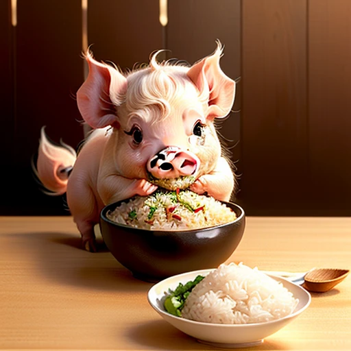 Little pig eats rice in various postures.