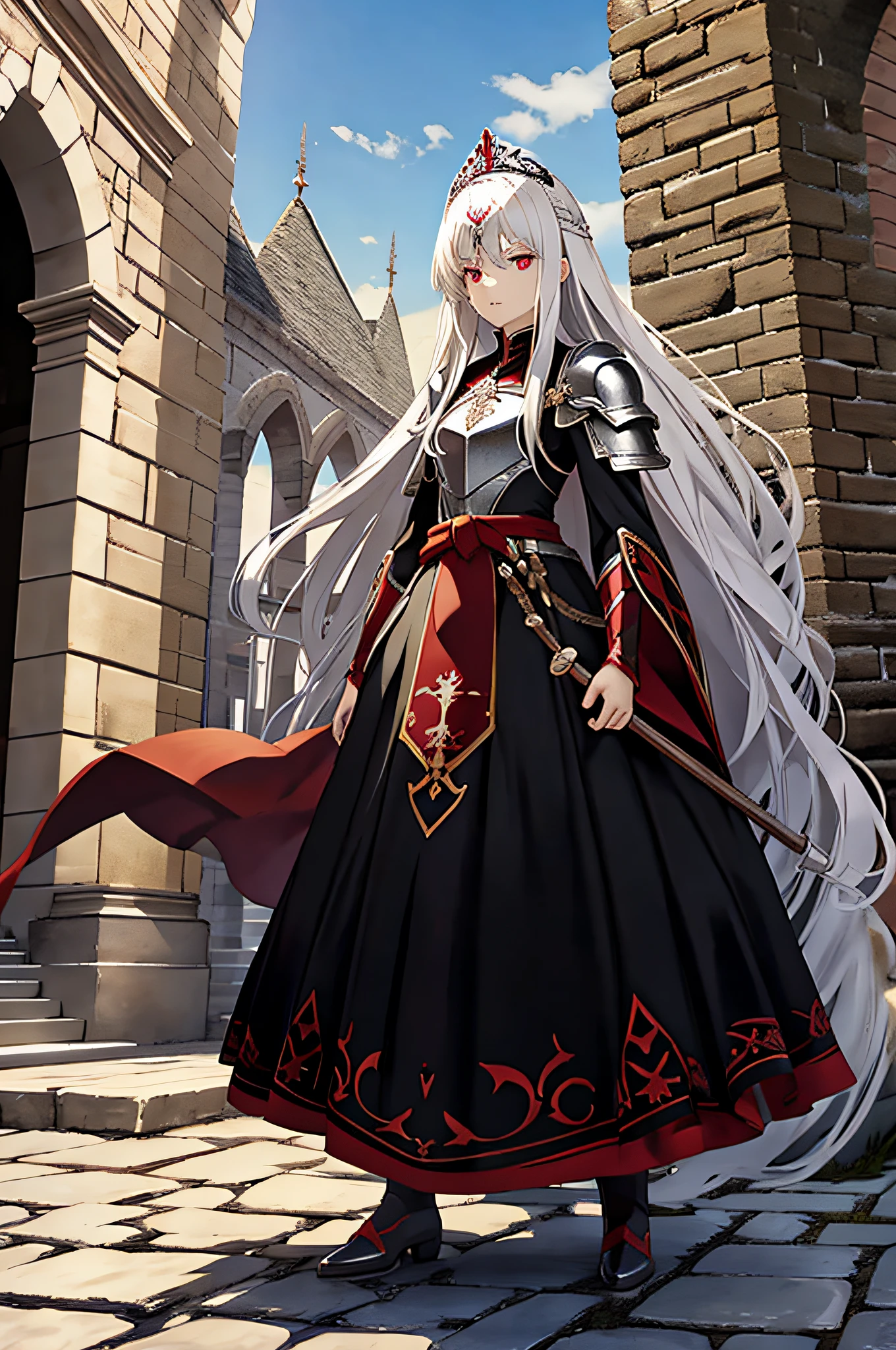 White hair, Red Eyes, Long hair, armor, Black tiara, Standing, Serious,
castle, stone brick, Stone floor, banners,