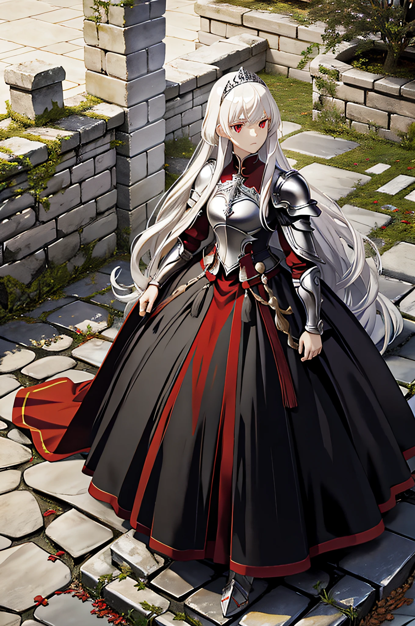 White hair, Red Eyes, Long hair, armor, Black tiara, Standing, Serious,
castle, stone brick, Stone floor, banners,