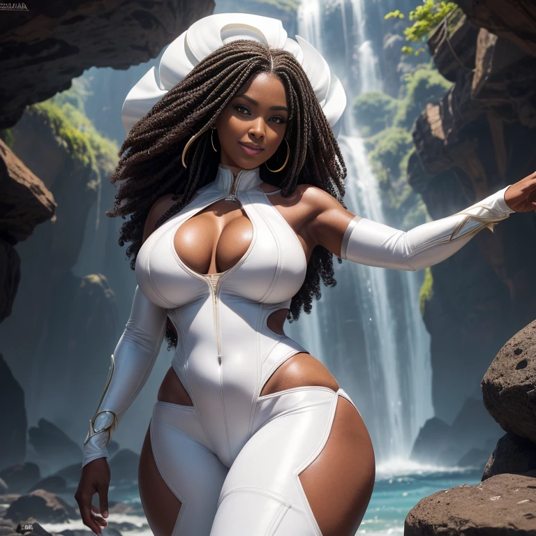 (melhor qualidade,4k,8k,alta resolução,masutepiece:1.2), (girl negra, pele de ebano, BBW, 30 anos), cintura fina, (bunda enorme: 1,9),  cabelo afro, Footfall in ruins , ( white leather superheroine costume), sexy, sensual, hot, sorridente, decotes, bunda enormes. ((mesmo personagem, headpe, lado, costas)), (perfect hands)